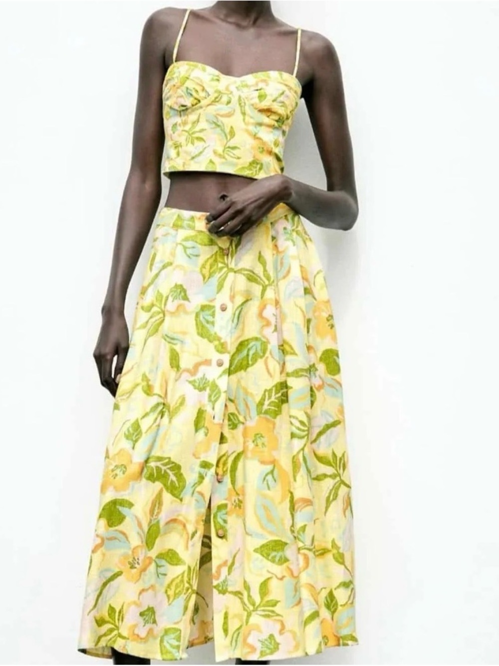 Zara Yellow/Green Floral Button-Front Maxi Skirt Set